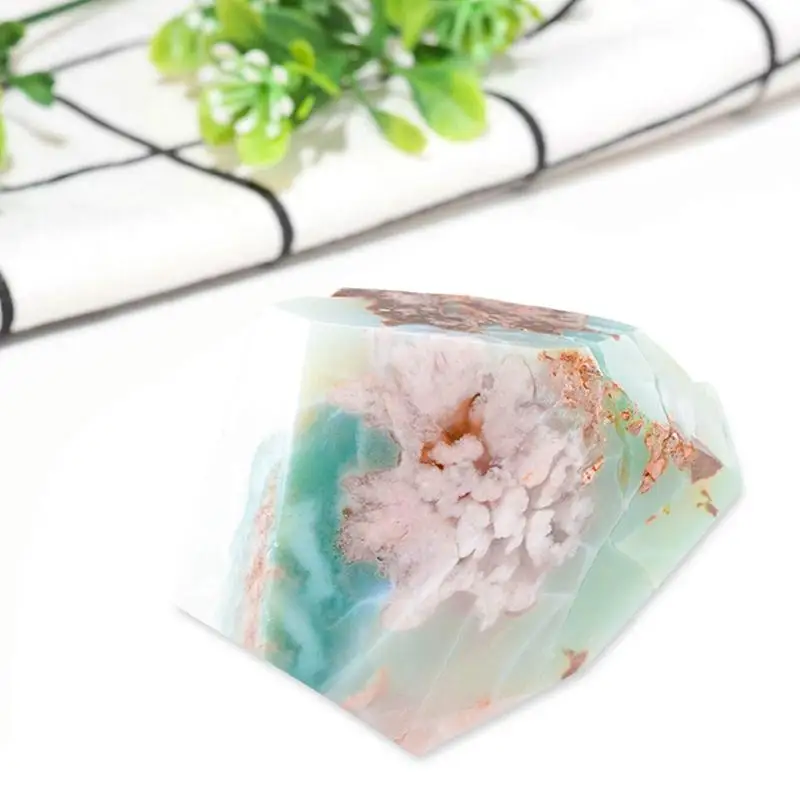 

Natural Green Cherry Blossom Agate Geometric Healing Crystal Stones Hand Carved Collectible Minerals Gemstone Crafts