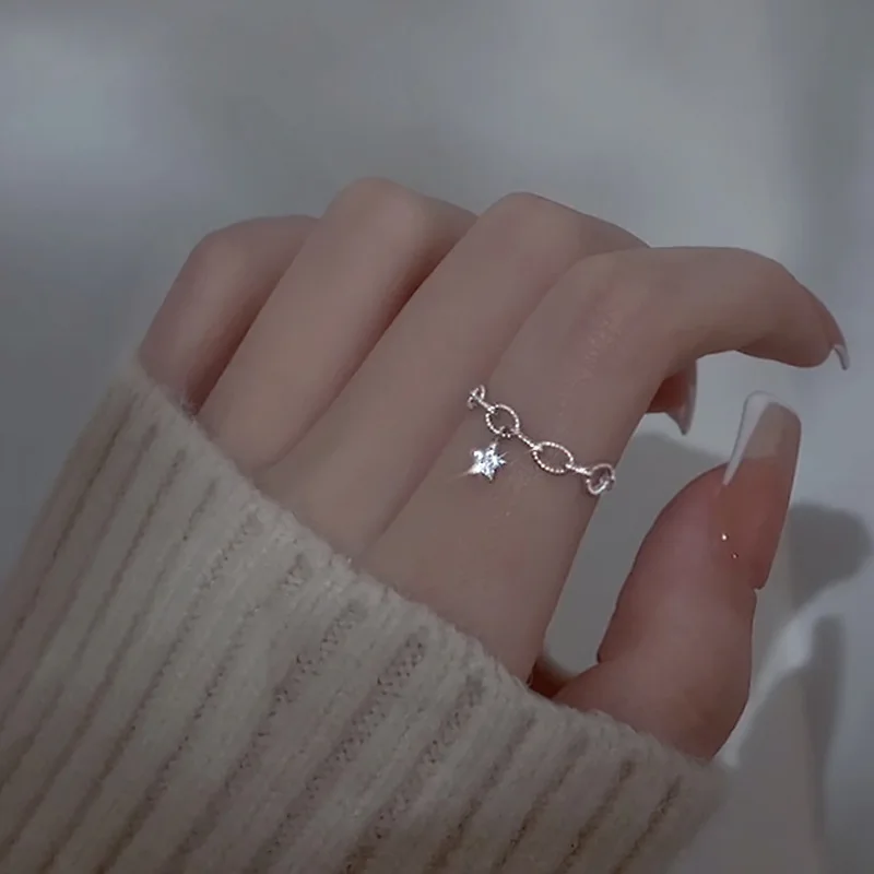 

PANJBJ 925 Sterling Silver Diamond-studded Star Women Korean Version Personality Adjustable Index Finger Ring