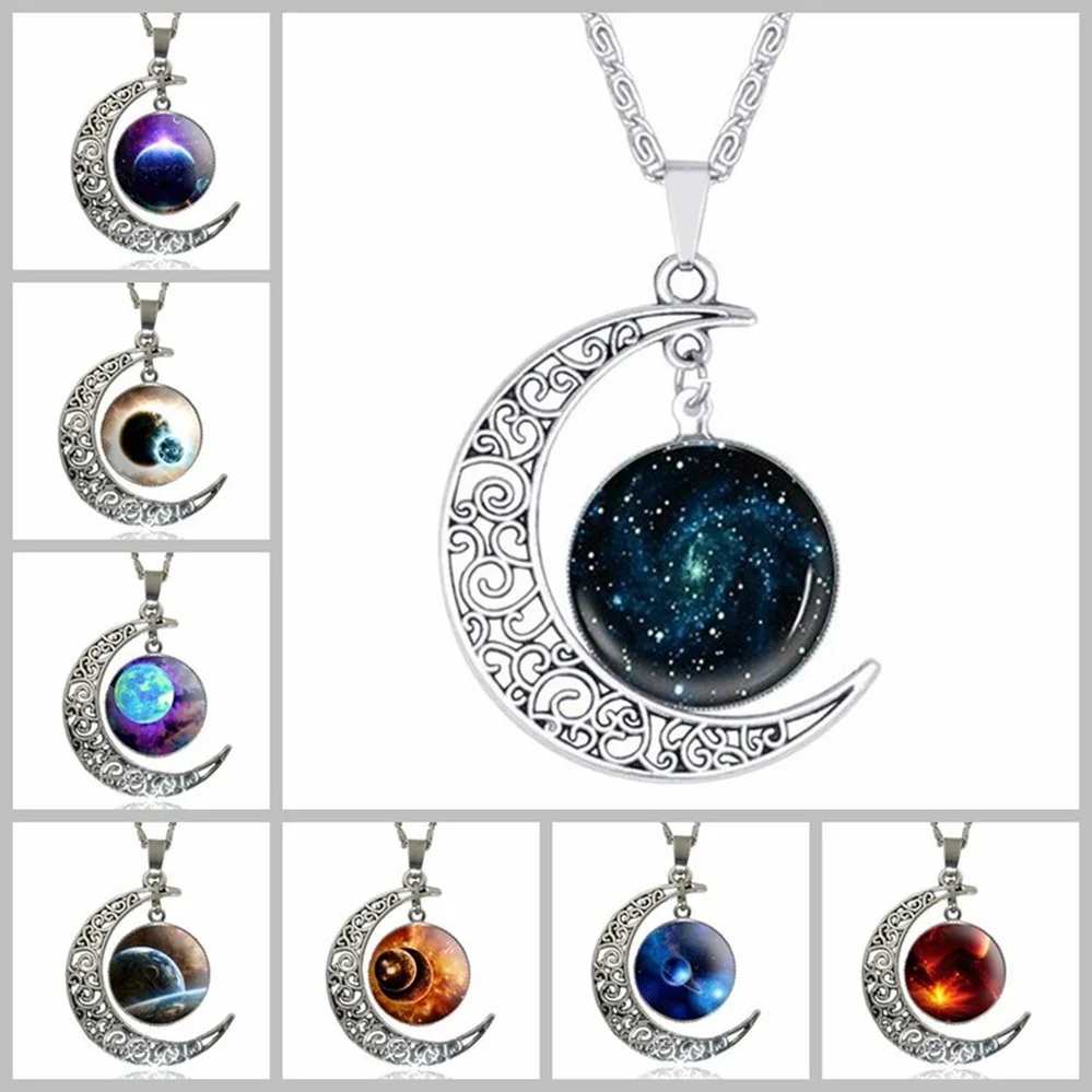 

Trend Charm Starry Sky Glass Cabochon Hollow Crescent Moon Necklace for Women Stone Pendant Necklace Christmas Neck Jewelry Gift