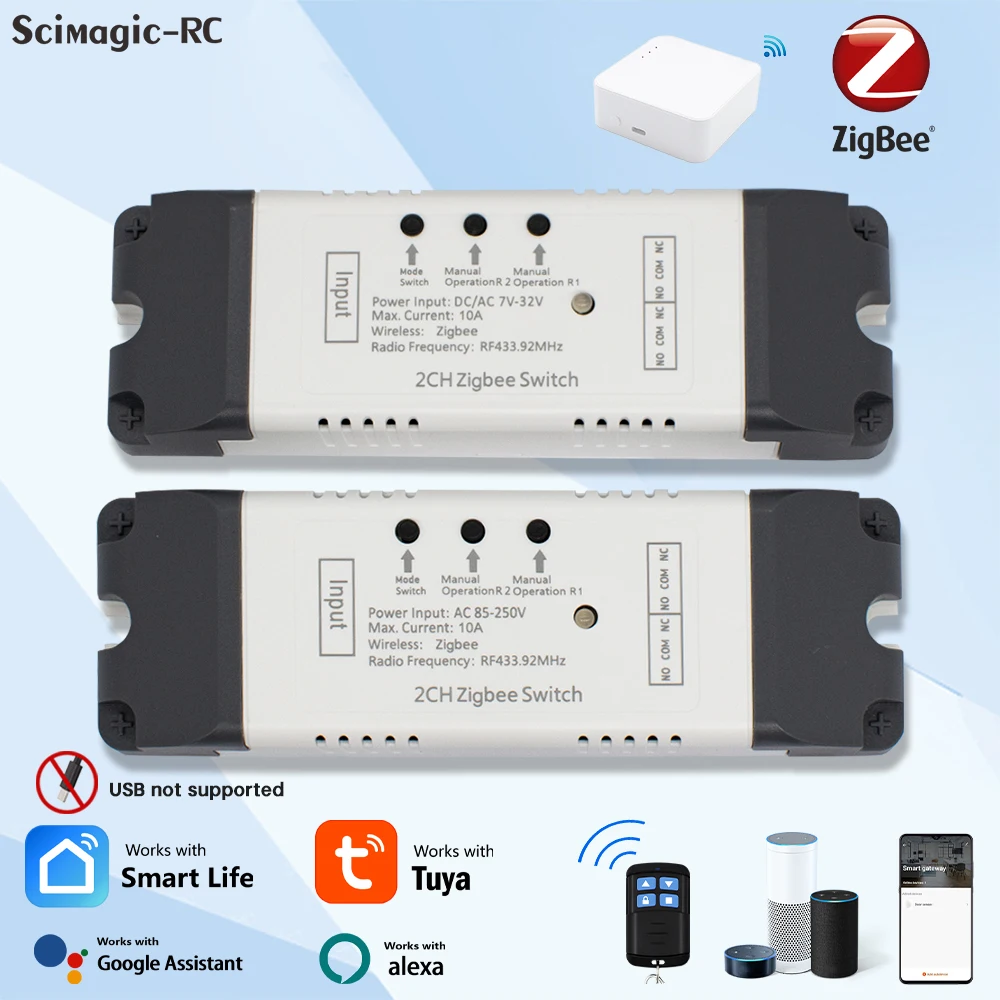 Фото Dry Contact 2CH Tuya Smart Zigbee Switch 2-канальная релейная плата RF модуль двухканальное реле RF433 12 В 24 В 230 В приемник Alexa №1