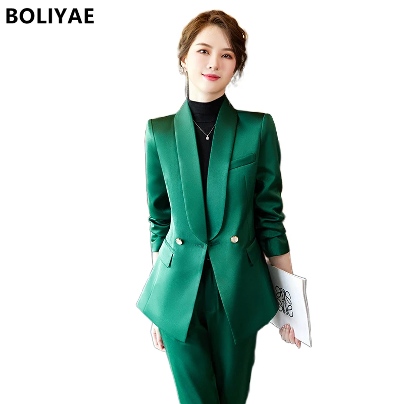 Boliyae Spring Autumn Fashion Blazers for Women Formal Trouser Suits Elegant Office Business Long Sleeve Jacket and Pants Set