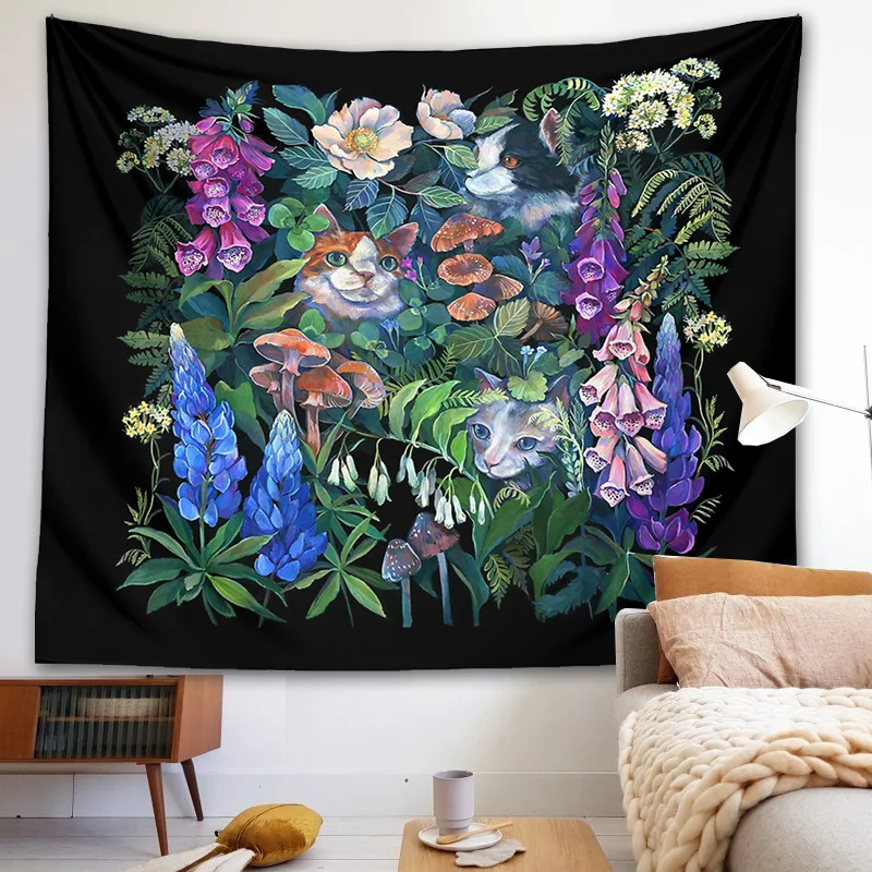 

Cats Flower Garden Tapestry Wall Hanging Mushroom Psychedelic Botanical Celestial Floral Wall Bohemian Dorm Room Home Cloth