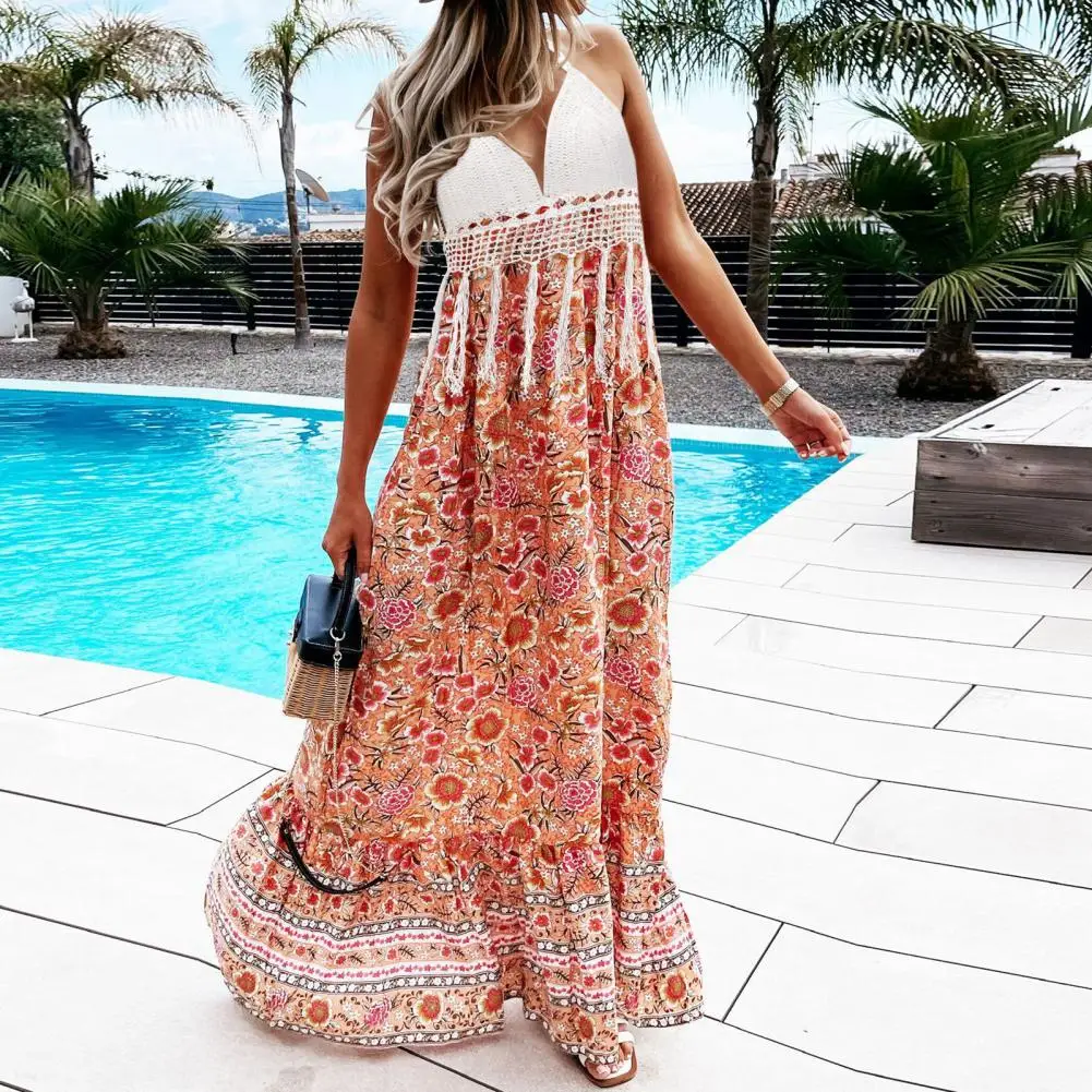 

Halter V-neck Tassel Decor Holiday Dress Crochet Bra Floral Print Large Hem Boho Long Dress Sundress 2022