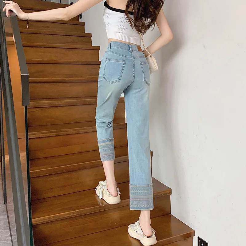 

Smoke Pipe Women Jeans 2023 Summer New Thin Design Sense Flanged High Waist Loose Nine Points Slim Straight Baguette Women Pants