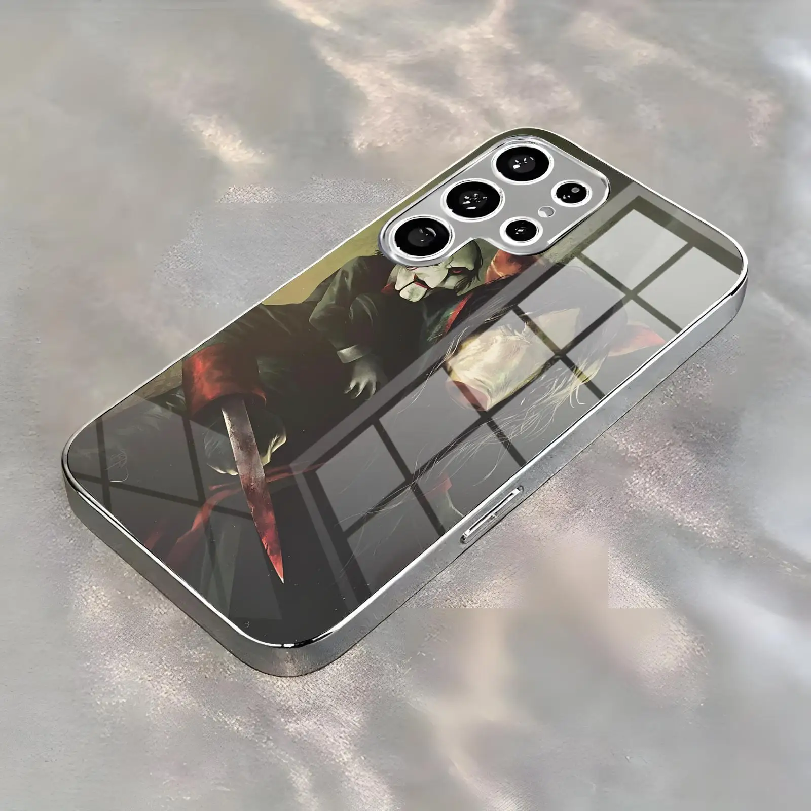 Фото Чехол для телефона Samsung S26 S25 S24 S23 S22 S21 Plus Ultra Note20, гальванизированный стеклянный чехол для телефона, классический дизайн по мотивам фильма «Пила» №4