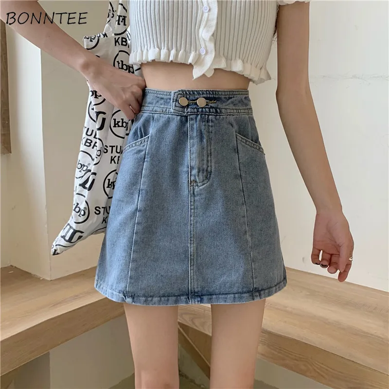 

Denim Mini Skirts Women Girls All-match Vintage A-line Faldas Fashion New Young Simple Y2k Pockets Ins Ulzzang Chic Preppy Mujer