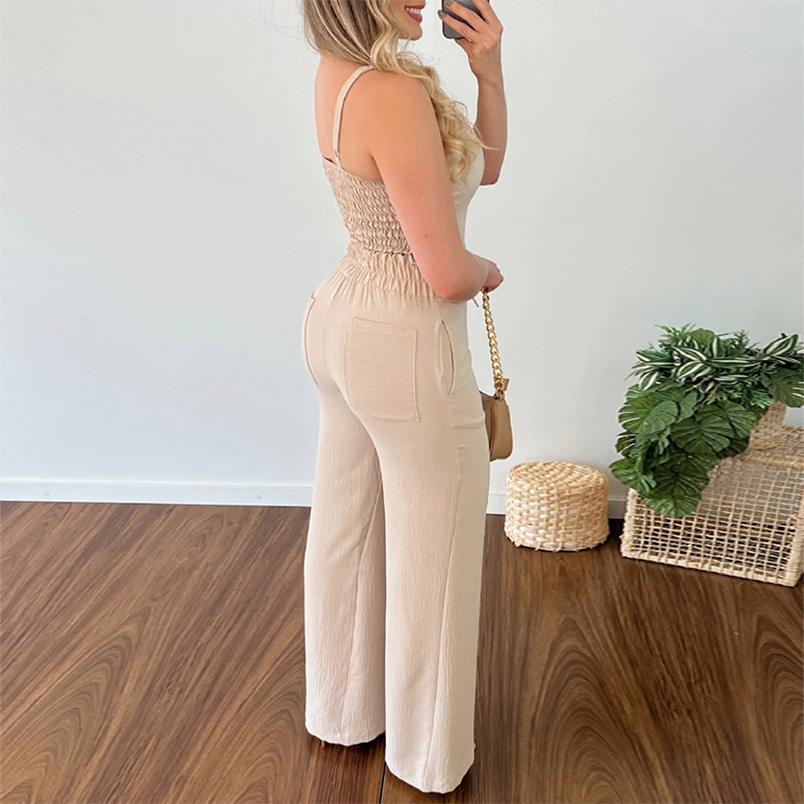 

Ladies Sleeveless Crop Top Pant with Pockets Women Vest Top Straight Leg Pants Casual Solid Color V Neck Loose Fit Daily Outfit