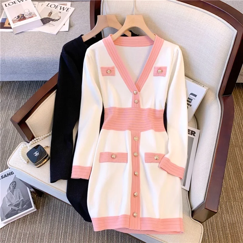 

V-Neck Beautiful Single-Breasted Comfortable Long-Sleeved Autumn New Temperament Women'S Knitted High Waist Slim Hip Skirt