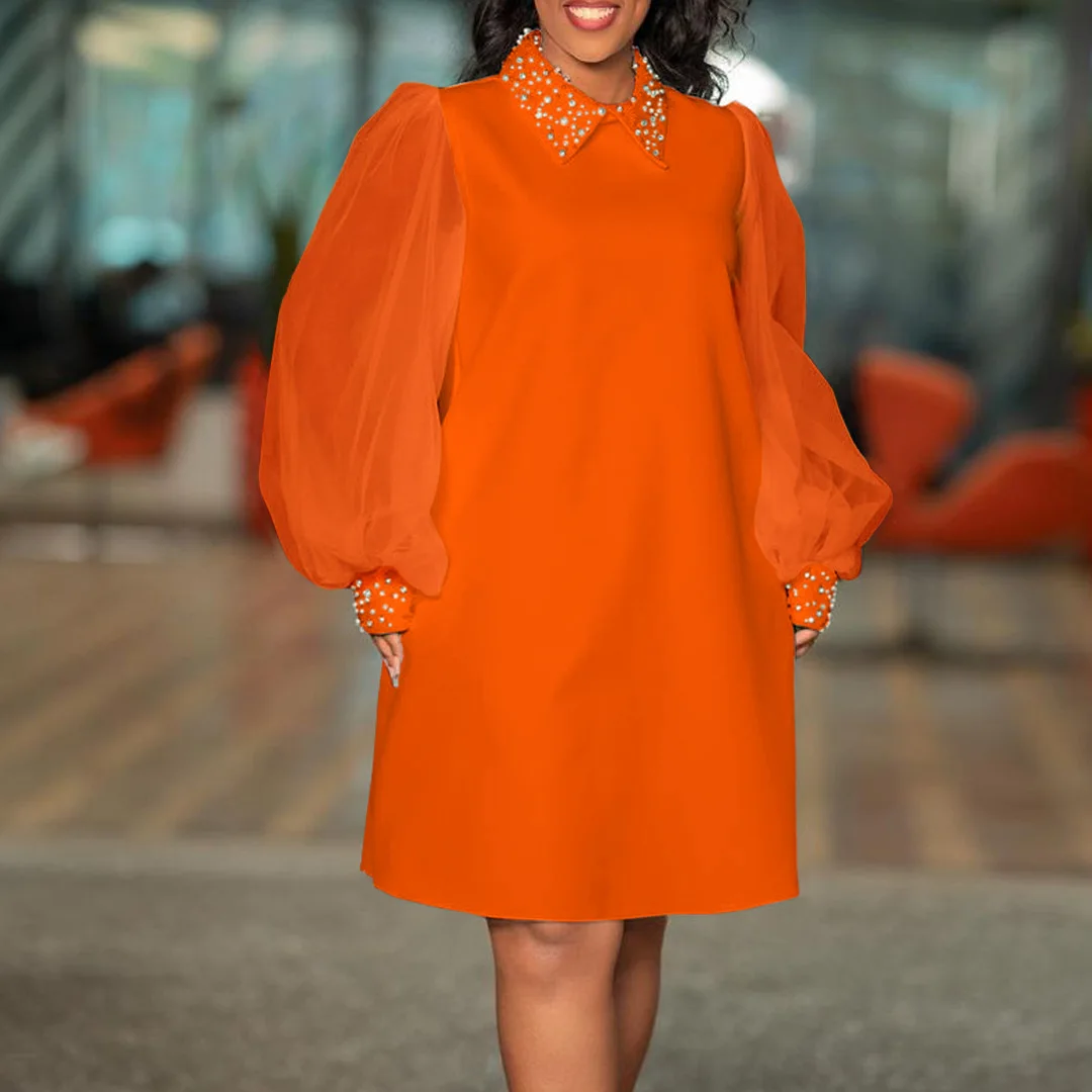 

Elegant Party Dresses for Women Autumn 2023 New Fashion Polo Collar Long Sleeved Mesh Sleeve Studded Bead Style Commuting Dress