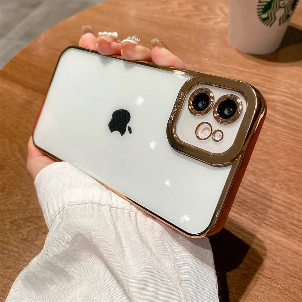 

Luxucy Plating Square Transparent Clear Soft Phone Case For iPhone 14 13 11 12 Pro Max Mini Plus Lens Protective Cover Funda
