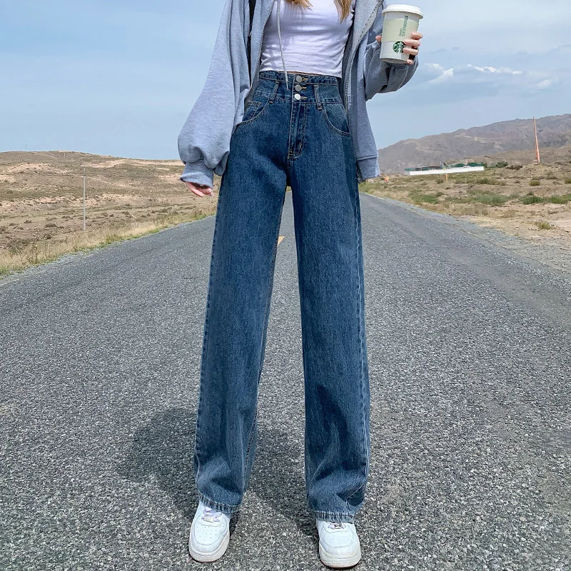 

The new slim high-waisted straight loose drape wide-leg mopping pants nine-point jeans female Hong Kong style women jeans