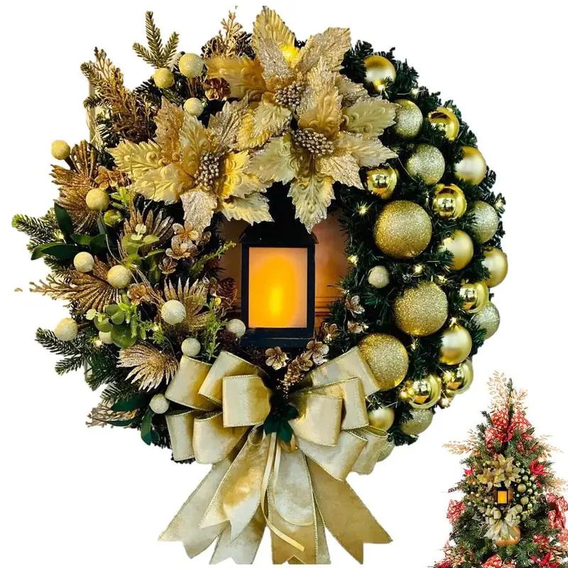 

Christmas Wreath With Lantern Cordless LED Wreath With Artificial Flower Realistic Door Decors Ornamental Wreath For Wall