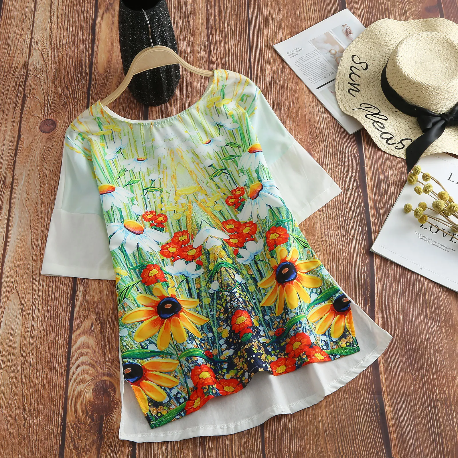 

Cotton Line Shirts Women'S Blouse Summer Sunflower Print Boho Camisas Blusas O-Neck Short Sleeve Loose Office Pullover Tops