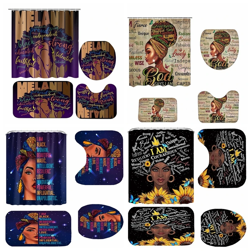

Meteor Stars Black Woman Colorful Inspirational Quotes Afro Girl Shower Curtains Set With Bath Floor Rugs 4Pcs For Bathroom Deco