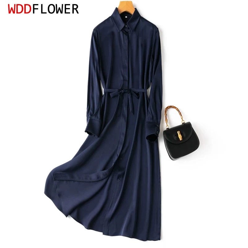 

Women Silk Midi Dress 93% Mulberry Silk 7% Spandex 20 Momme Solid Navy Long Sleeve Belt Waist Shirt Dress M L XL MM979