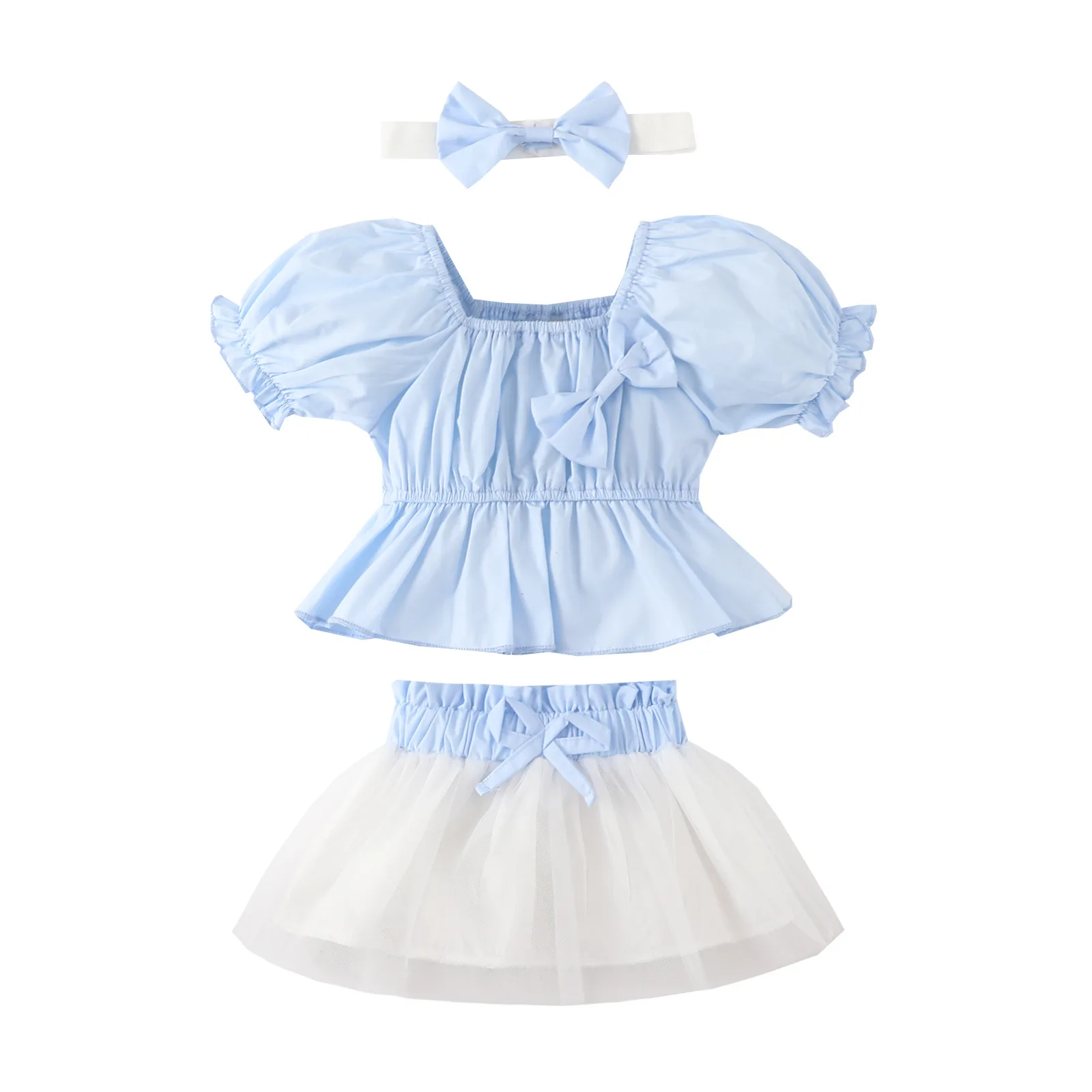 

Baby Girl Summer Clothes Sets New Fashion Sky Blue Tops + Mesh Skirts + Headbands 3PCS Infant Outfits Kids Bebes Jogging Suits