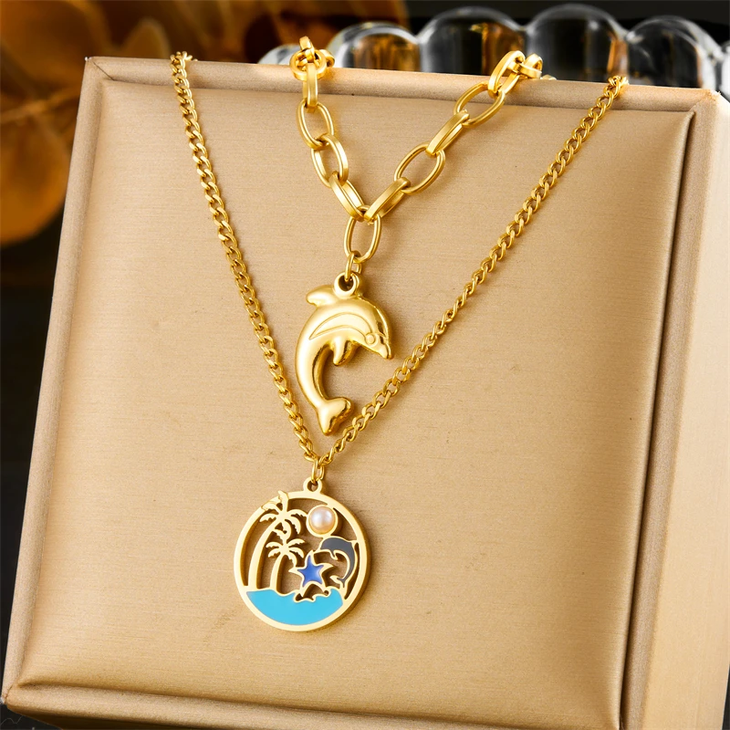 MEYRROYU 316L нержавеющая сталь Дельфин кокосовое дерево жемчужное ожерелье Звезда
