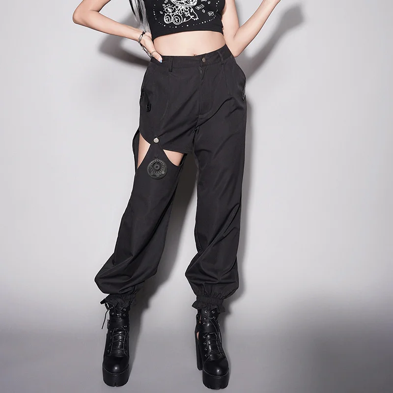 

New Goth Fashion Women Pant Slim Solid Color High Waist Patchwork Hollow Out Gothic Style Western Ladies Pant For Summer 2023