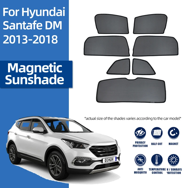 Фото Магнитные солнцезащитные шторки для Hyundai Santa Fe DM 2013-2018: на лобовое стекло, задние боковые окна, для защиты детей №1