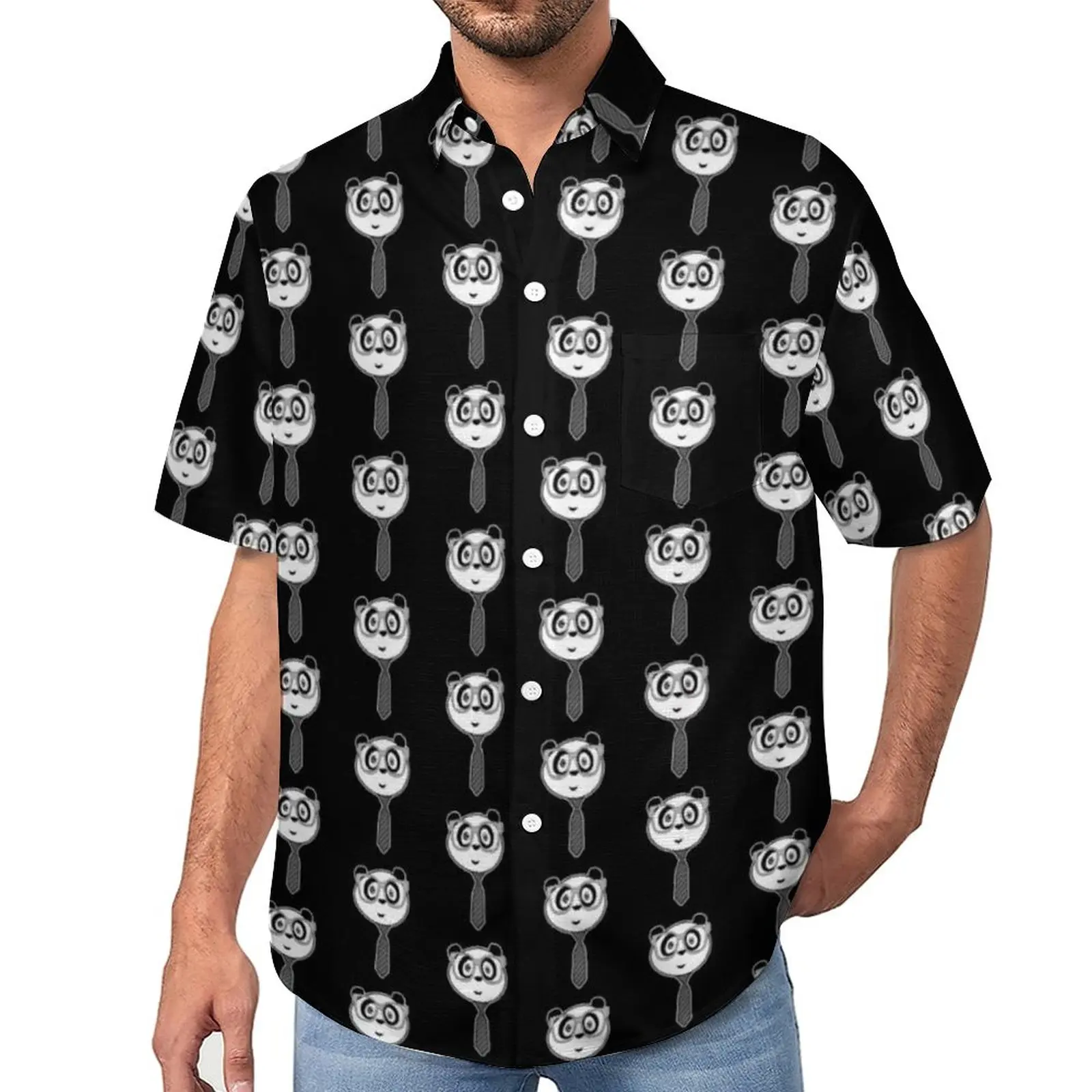 

Panda Nerd Casual Shirt Black and White Vacation Loose Shirt Hawaiian Vintage Blouses Short Sleeves Graphic Oversized Clothes