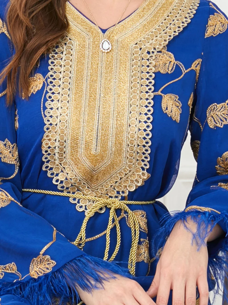 Moroccan Embroidered Kaftan Gulf Jalabiya for Women Feather Blue Evening Dresses Arabic Formal Gowns Muslim Ramadan Eid Abaya