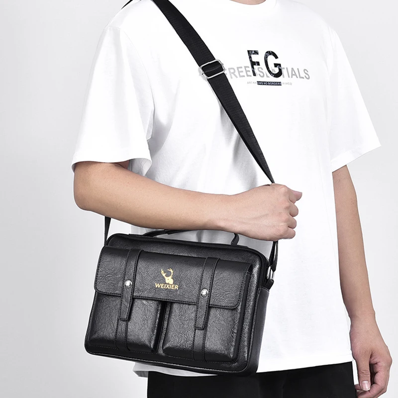 Vintage Small Men'S Briefcase Business Tote Bag PU Leather Wallet Handbags Shoulder Ipad Macbook Square Side Crossbody Bag Male