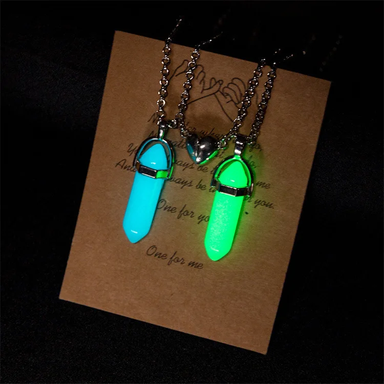 

2Pcs/Set Luminous Hexagonal Column Heart Pendant Couple Magnetic Necklace Natural Stone Geometric Pendant Necklace Jewelry Gifts