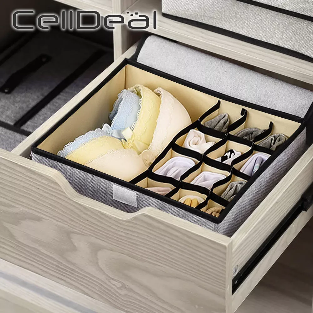 

Underwear Foldable Storage Box Bra Socks Ties Divider Drawer Closet Organizer with Lid 1/13 Grid Home Cotton Linen Organizer