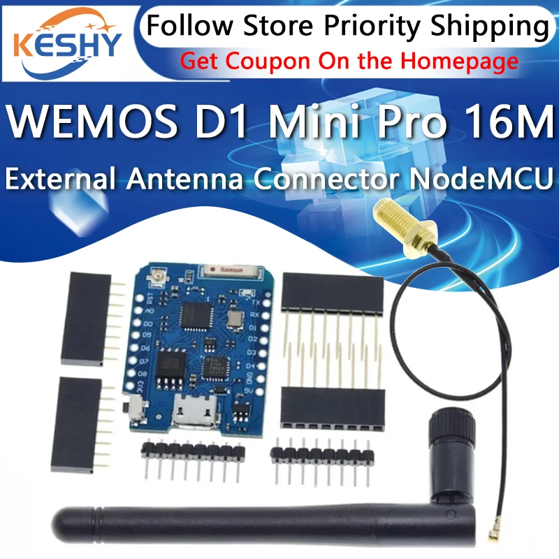 Фото WEMOS D1 Mini Pro 16M байт разъем для внешней антенны NodeMCU на базе ESP8266 CP2104 CH9102 WIFI макетная плата для Arduino №1