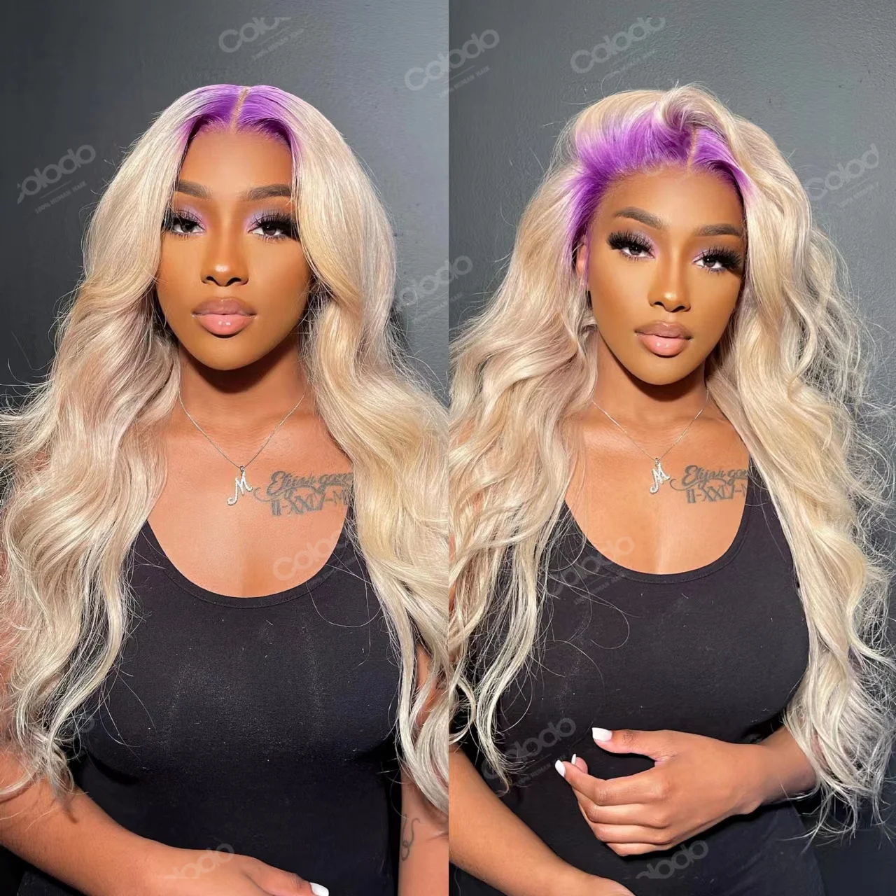 

Purple Root 13x4 Body Wave Lace Frontal Wig Transparent Lace 180% Density Pink Highlight Human Hair Wig Honey Blonde Body Wig
