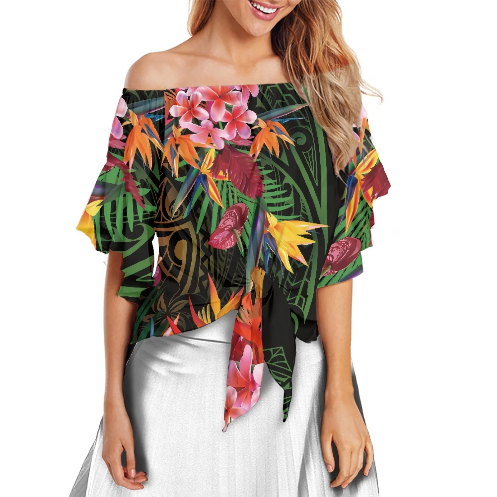 Женская рубашка с открытыми плечами из 100% полиэстера