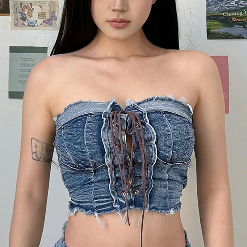 Женские пикантные джинсовые эластичные майки Укороченный бюстгальтер лето 2024