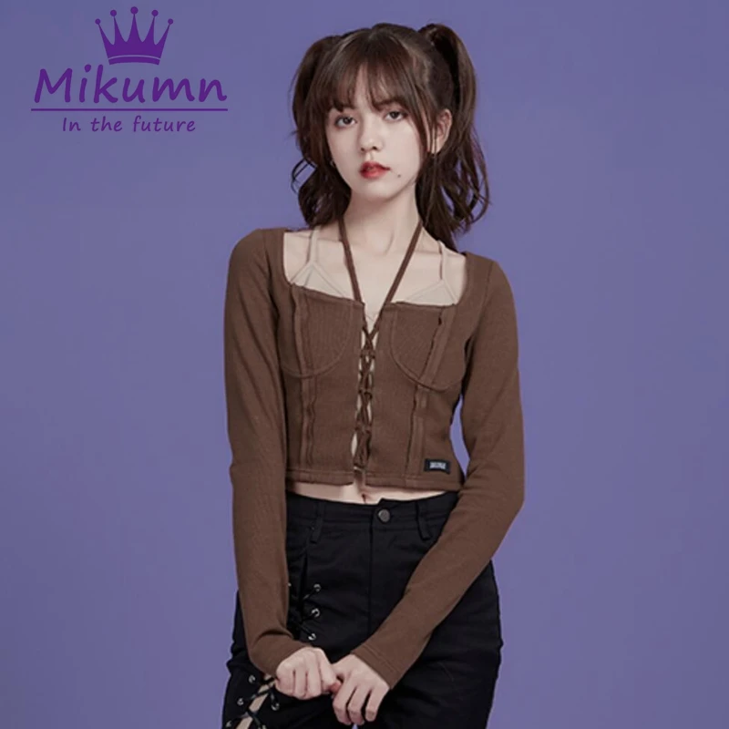 

Женский облегающий ТРИКОТАЖНЫЙ УКОРОЧЕННЫЙ ТОП, бандажные футболки из двух частей, уличная одежда в стиле Харадзюку, Женские однотонные фу...