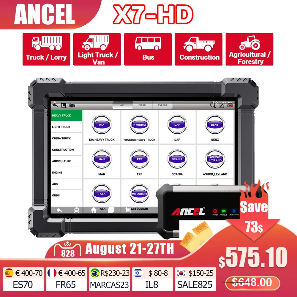 ANCEL X7 HD сверхмощный сканер для грузовиков, профессиональная Полнофункциональная система, 12 В, 24 В, масло, DPF, регенератор, Сброс ЭБУ, аккумулятор OBD2, диагностический инструмент