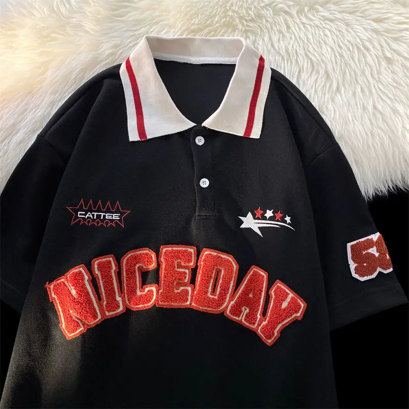 

Винтажная Футболка-поло с вышивкой и надписью, повседневный Топ абрикосового и темно-синего цвета с коротким рукавом, в стиле Харадзюку, для...