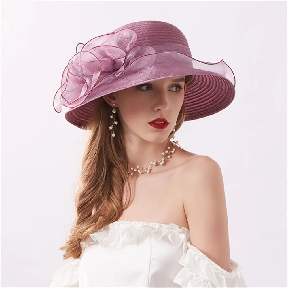 

Women Elegant Sun Hats Wide Brim Sun Cap Church Dress Wedding Party Beach Organza Bucket Hats Foldable
