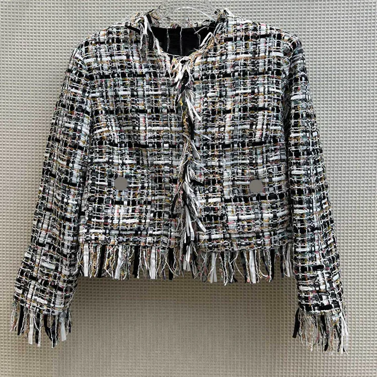 

Женский твидовый пиджак в клетку, модное короткое пальто, приталенное твидовое пальто с 3D вырезом и бахромой на подоле, весна 2022