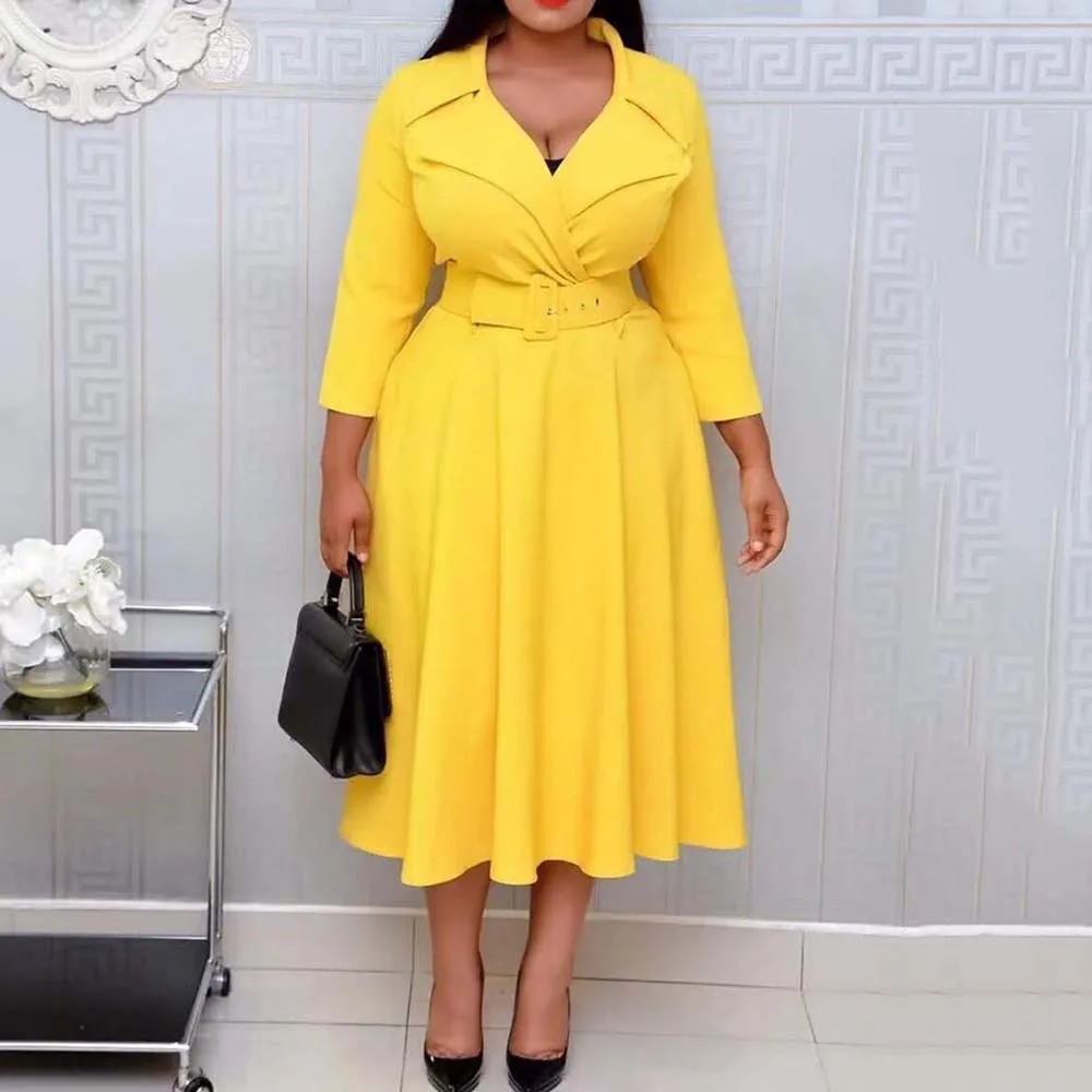 

Notched Lapel Belt Mid-Calf Women's Dress Deep V Neck Turn Down Collar High Waist Solid Color Fashion Work Wear Midi Dress