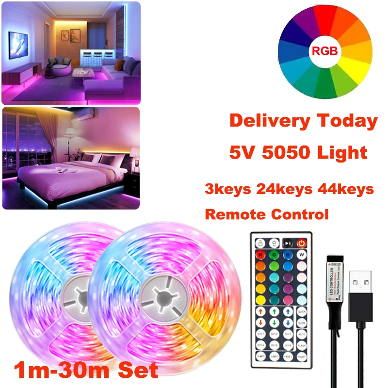 LED Strip Light for Room 5V LED 5050 Color RGB LED Lights 3keys 24keys 44keys USB Remote Control TV BackLight Luces LED 1m-30m