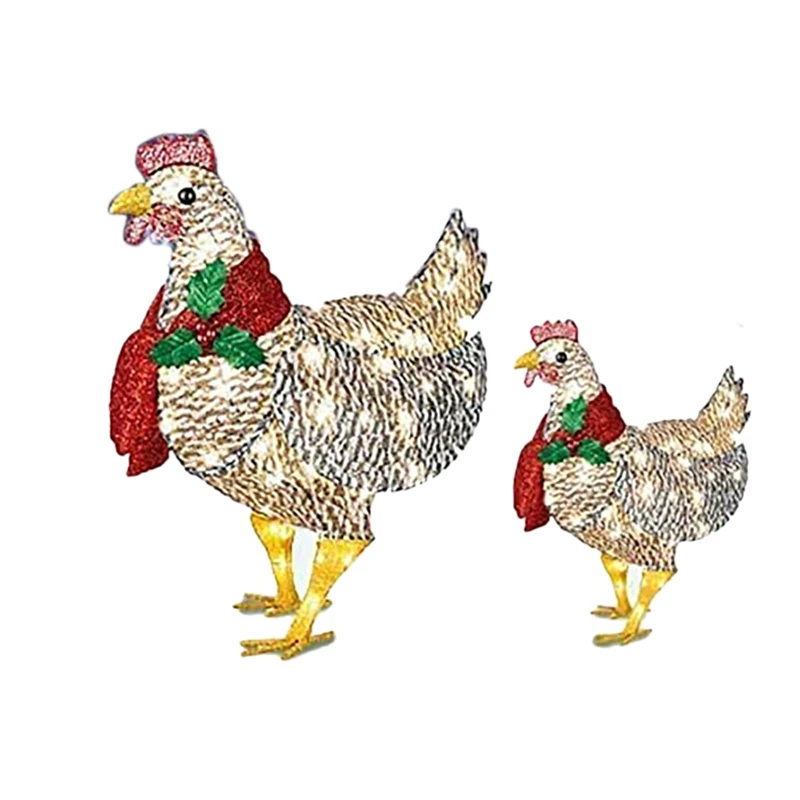 

Light-Up Chicken With Scarf Christmas Decoration Chicken Set Decorations Metal Chicken Sculpture For Outdoor Garden