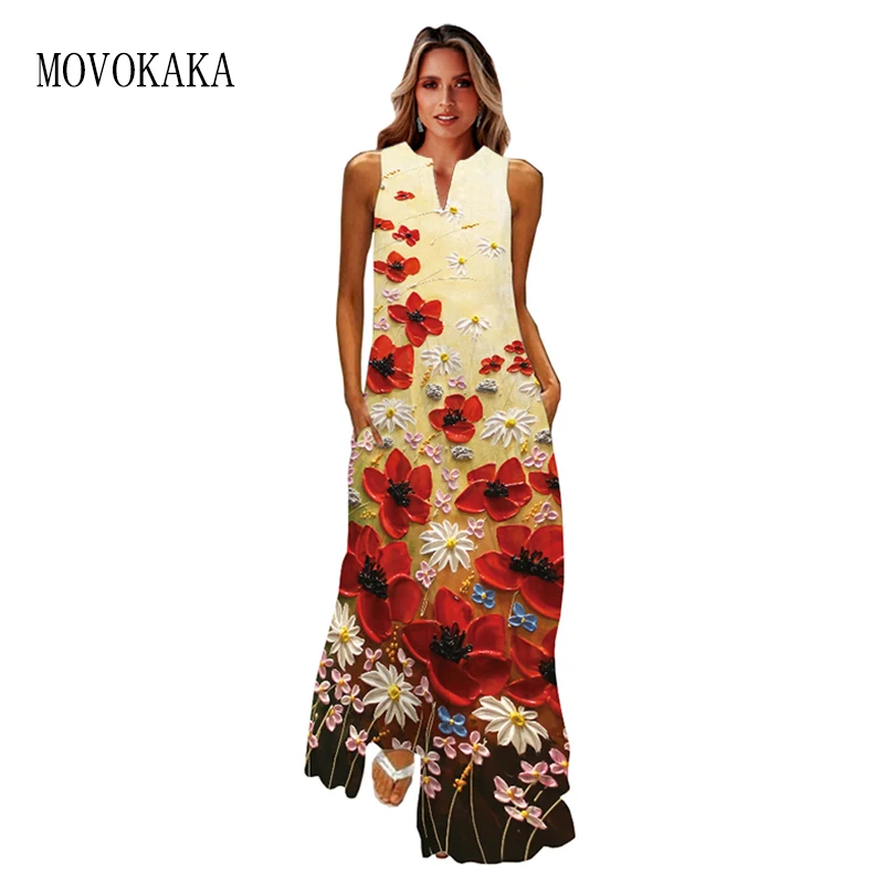 

MOVOKAKA Woman Sleeveles Long Dress Vintage Summer Beach Casual V Neck Vestids Party Fashion Holiday Print Maxi Dresses Elegant