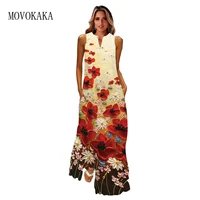 movokaka woman sleeveles long dress vintage summer beach casual v neck vestids party fashion holiday print maxi dresses elegant