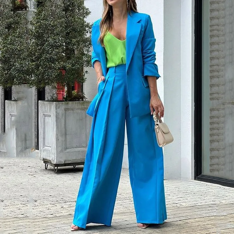 

Women's Suit 2022 Autumn and Winter Solid Colour Long-sleeved Jacket Top Loose Trousers Two-piece Set