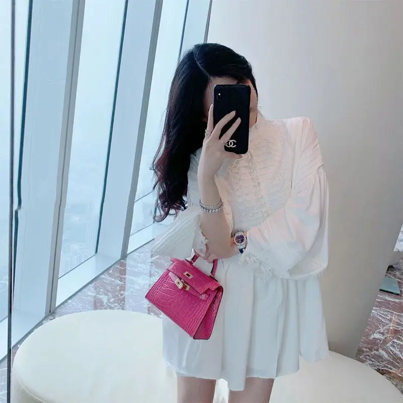 

2023 Japan Style Vintage Short Mini Shirt Dress Women White Puff Sleeve Loose Casual Dresses High Quality