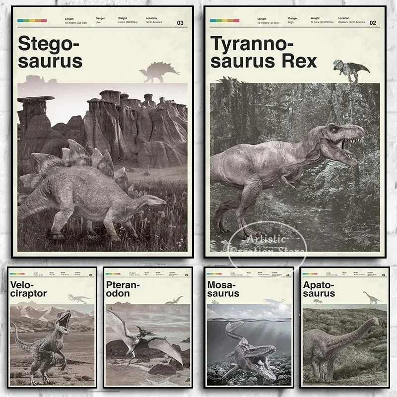 Ретро динозавры иллюстрации постеры Холст Картина Pteranodon Mosasaurus Triceratops древние