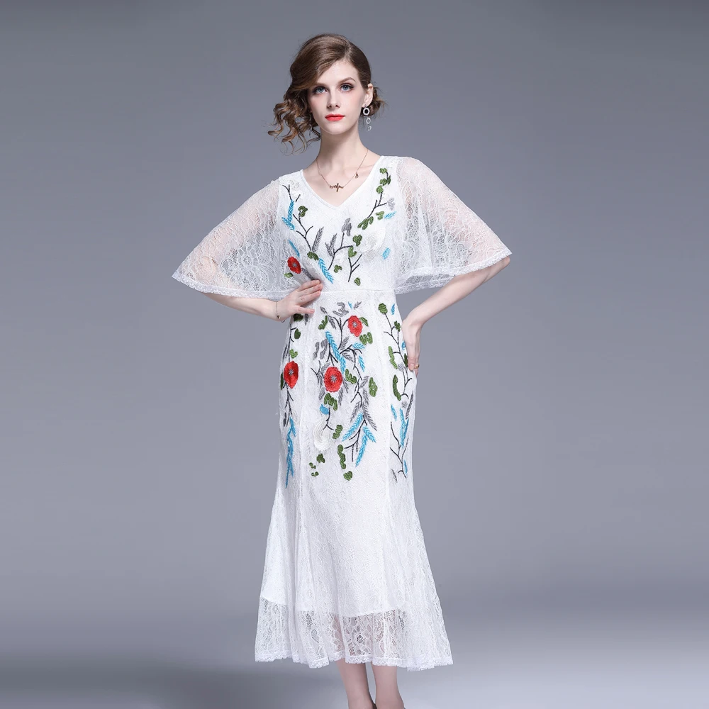 

WTIANYUW Women Long Elegant Embroidery Lace Female Floral Designer Wedding Party Robe High Quality White Cocktail Vestidos
