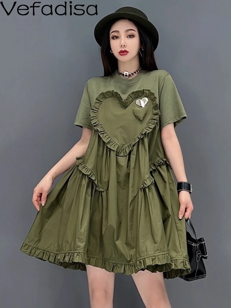 

Vefadisa 2023 Summer Short Sleeve Round Neck Dress Loose Solid Color Three-dimensional Heart-shaped Ruffle Women's Skirt LHX4045