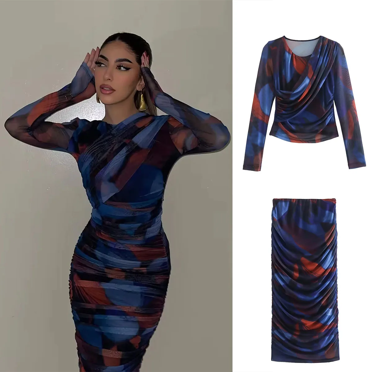 

MosiMolly 2023 Sexy Mesh Print Dress Mesh Dress Party Club Two Pieces Sets Dress Bodycon Dress Daydress Ruffle Dress