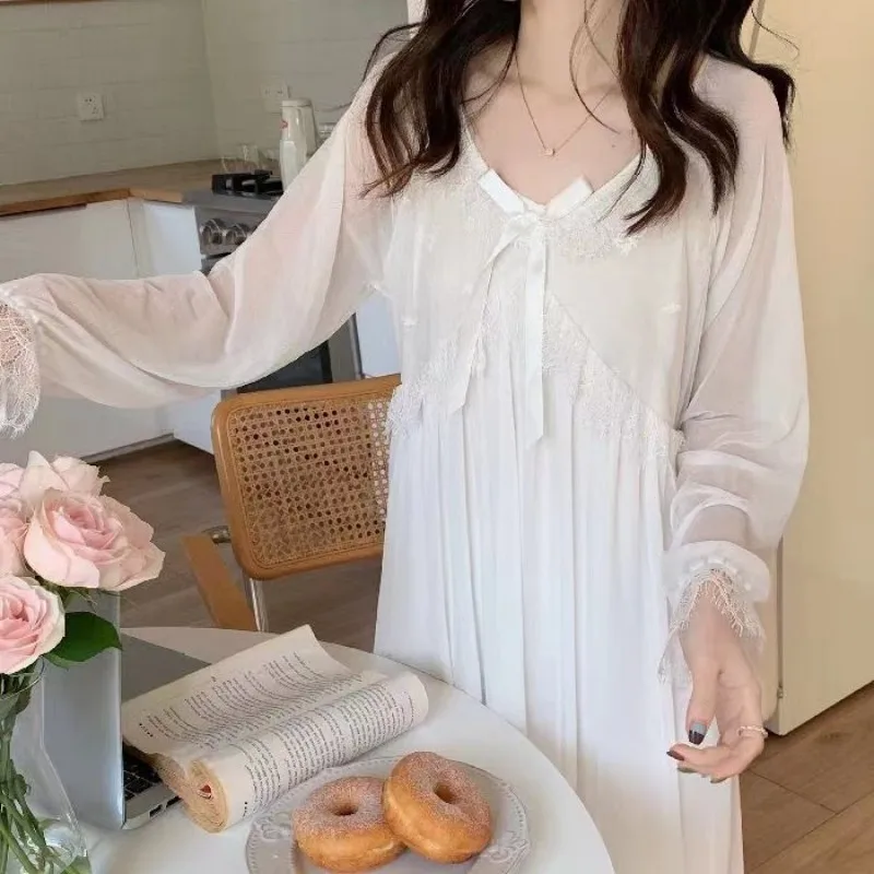 

Long Sleeve Nightdress Summer Women Modal Nightgowns Home Clothes With White Bow Tie Female Home Wear Nightgown Nightwear