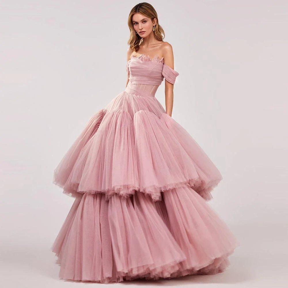 

Элегантное многослойное розовое Тюлевое платье с оборками, платье для выпускного вечера с перьями, открытыми плечами, а-силуэт, с рюшами, Дл...